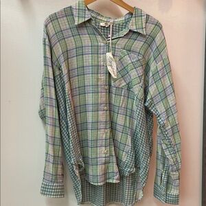 Mystree Plaid Green and Blue Women's Button Down Shirt